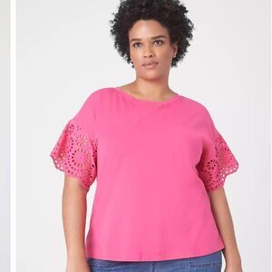 Lane Bryant Woven Eyelet-Sleeve Crew-Neck Tee Pink Size 22/24